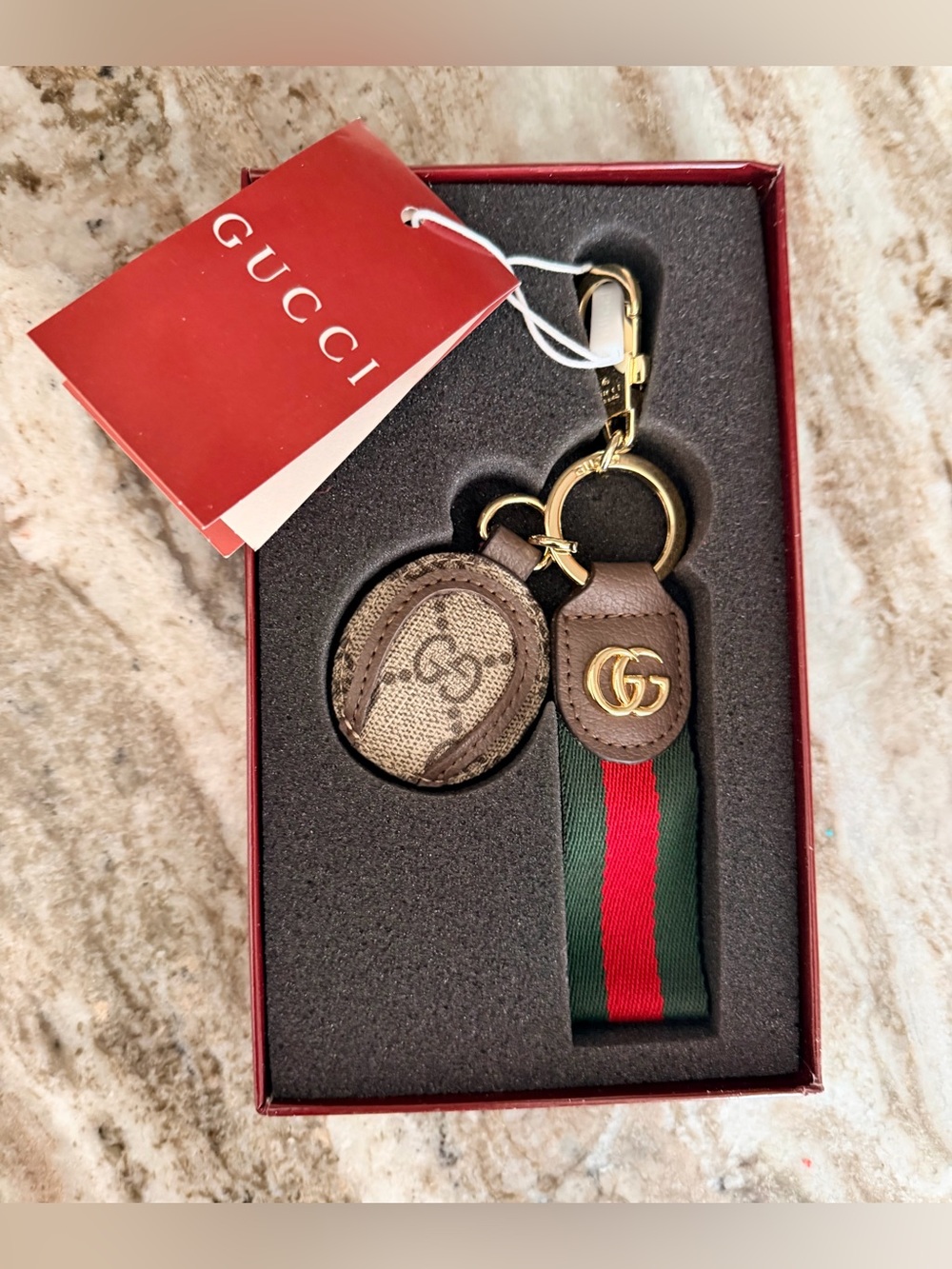 AUTHENTIC Gucci ‘GG Tennis’ Leather Accented Keychain/Bag Charm w Gold hardware